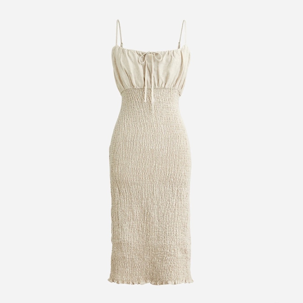 J Crew Smocked Linen Midi Dress Beige Gray BI587 Sleeveless Sz 16